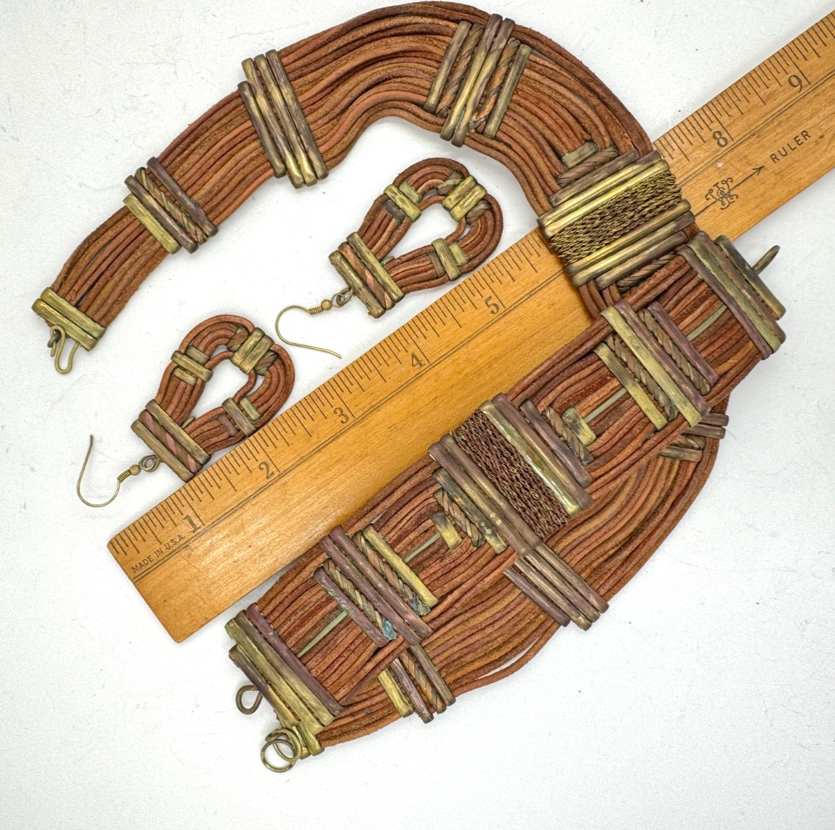 ETHNIC AFRICAN VINTAG SET EARRINGS NECKLACE BRACELET GENUINE LEATHER CORDS BRASS