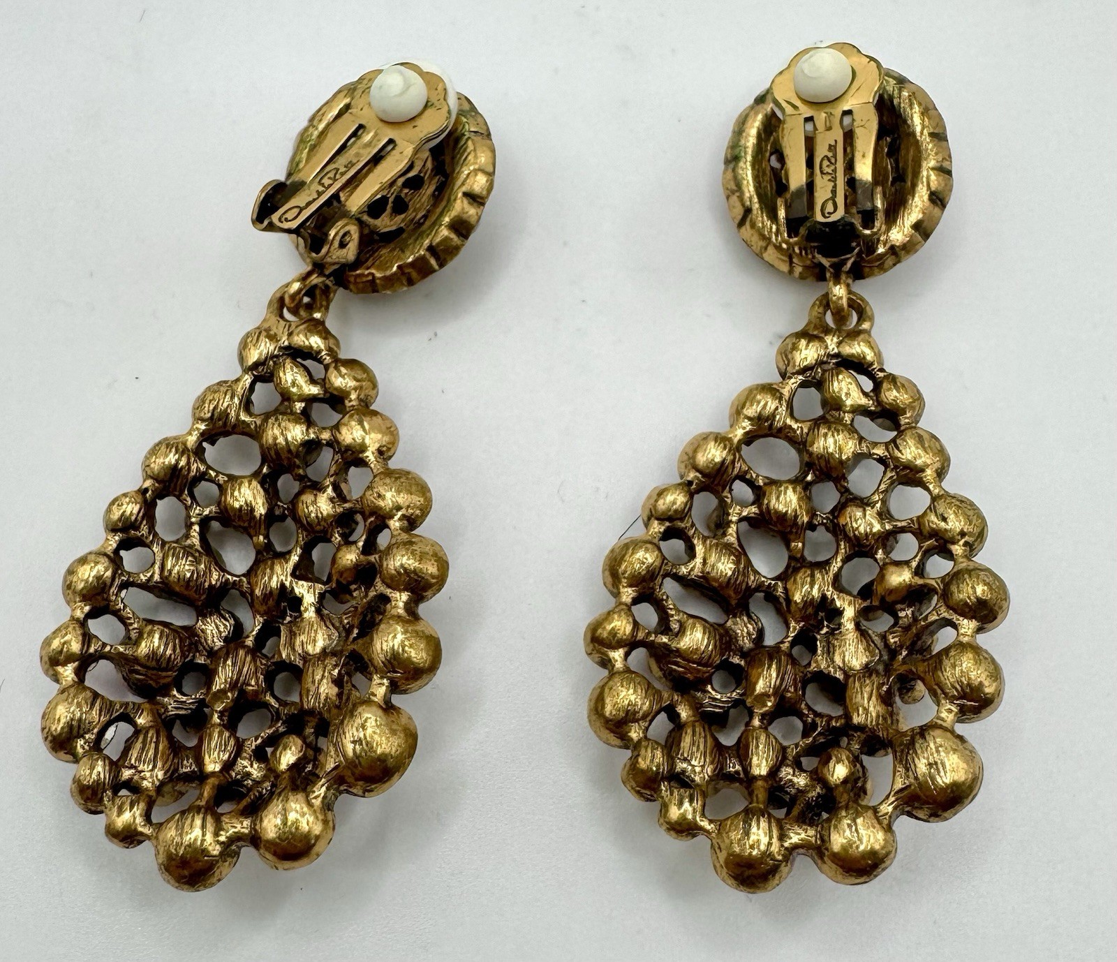 Vintage Oscar de La Renta Gold-Tone With Blue & Purple Crystal Drop Earrings