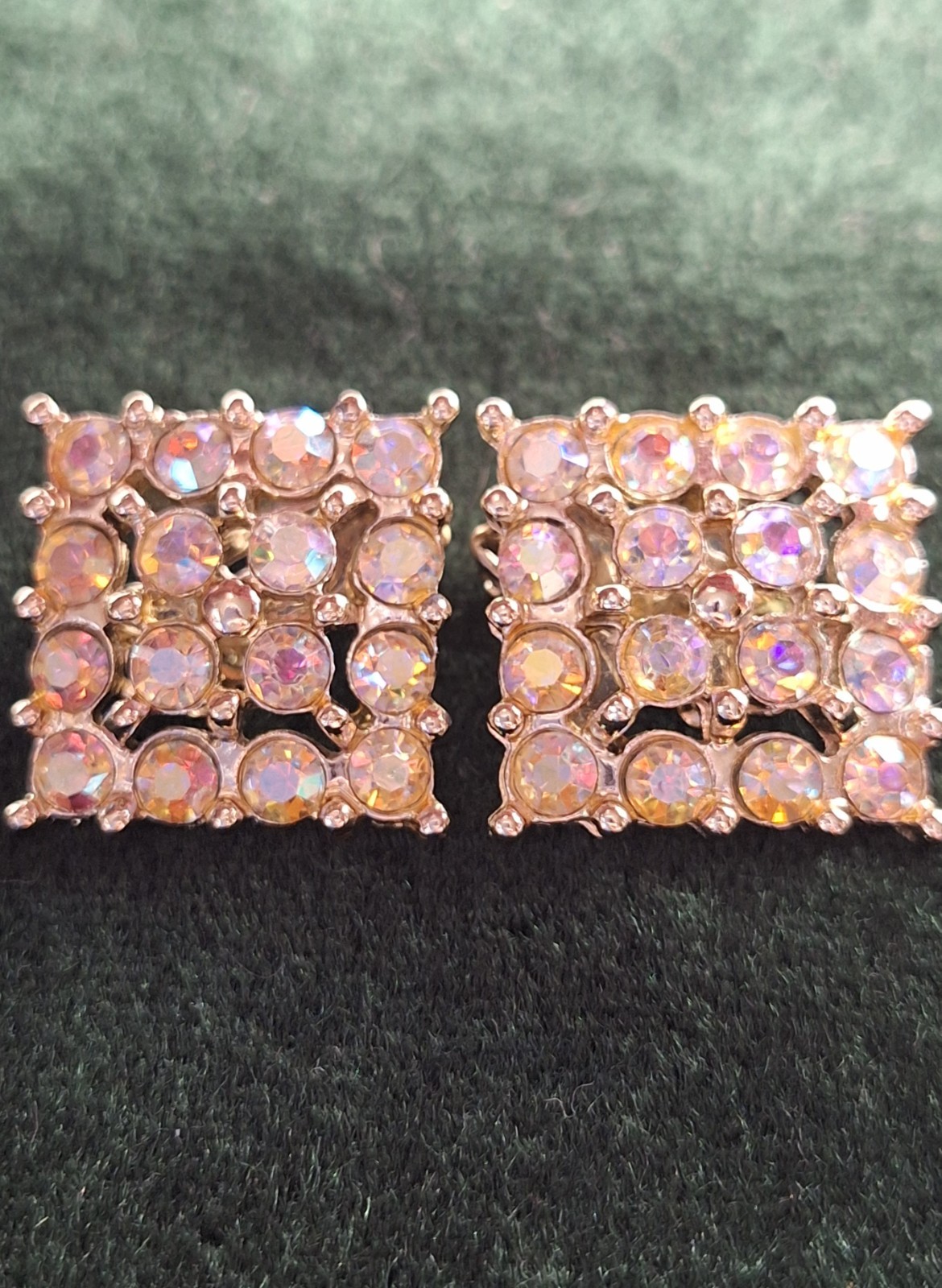 Vintage Art Deco Square Aurora Borealis Crystal Gold-tone Clip Earrings 1950’s