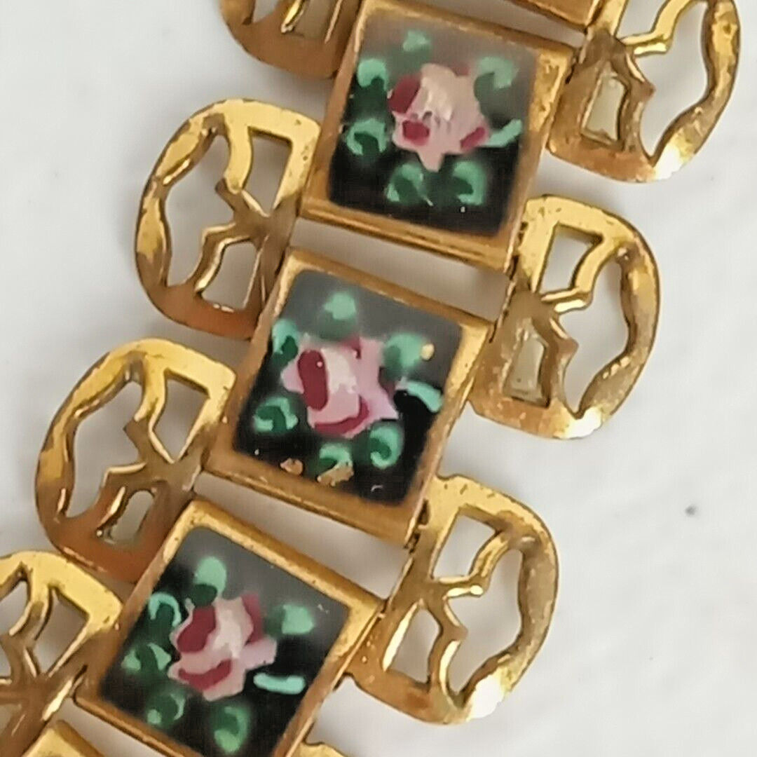 Vtg Gold Tone & Enamel Panel Necklace Choker Hand Painted Roses 15″ Unsigned EUC
