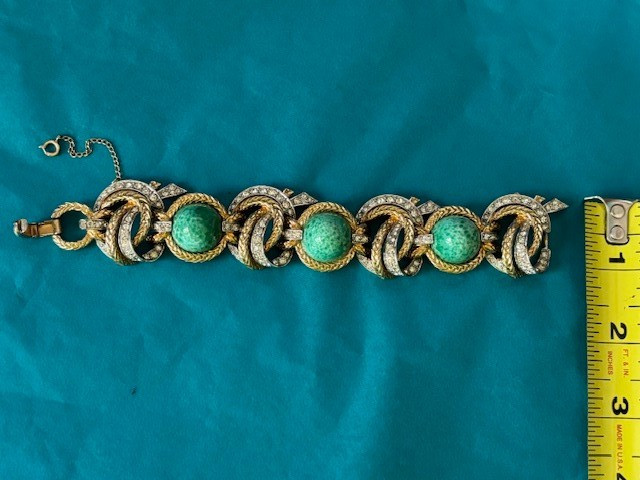 MARCEL BOUCHER TURQUOISE ART GLASS CABOCHONS & RHINESTONE BRACELET SIGNED/NUMBER