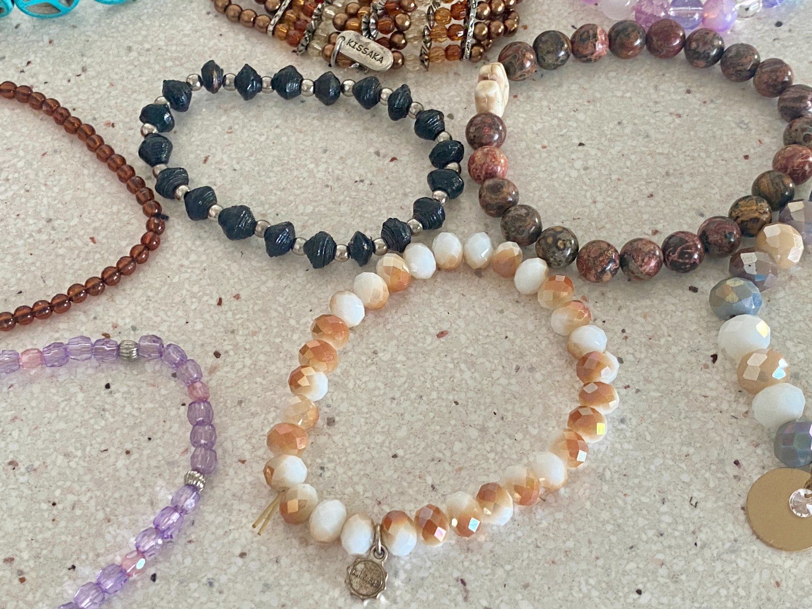 Lot of 16 Bracelets Beaded Stretch Gemstone Wood Lucite Stackable Lizas Kissaka