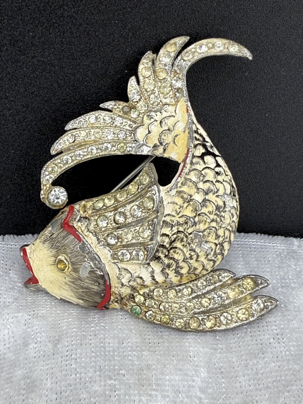 Vintage Pot Metal Brooch Fish Rhinestones Enamel READ