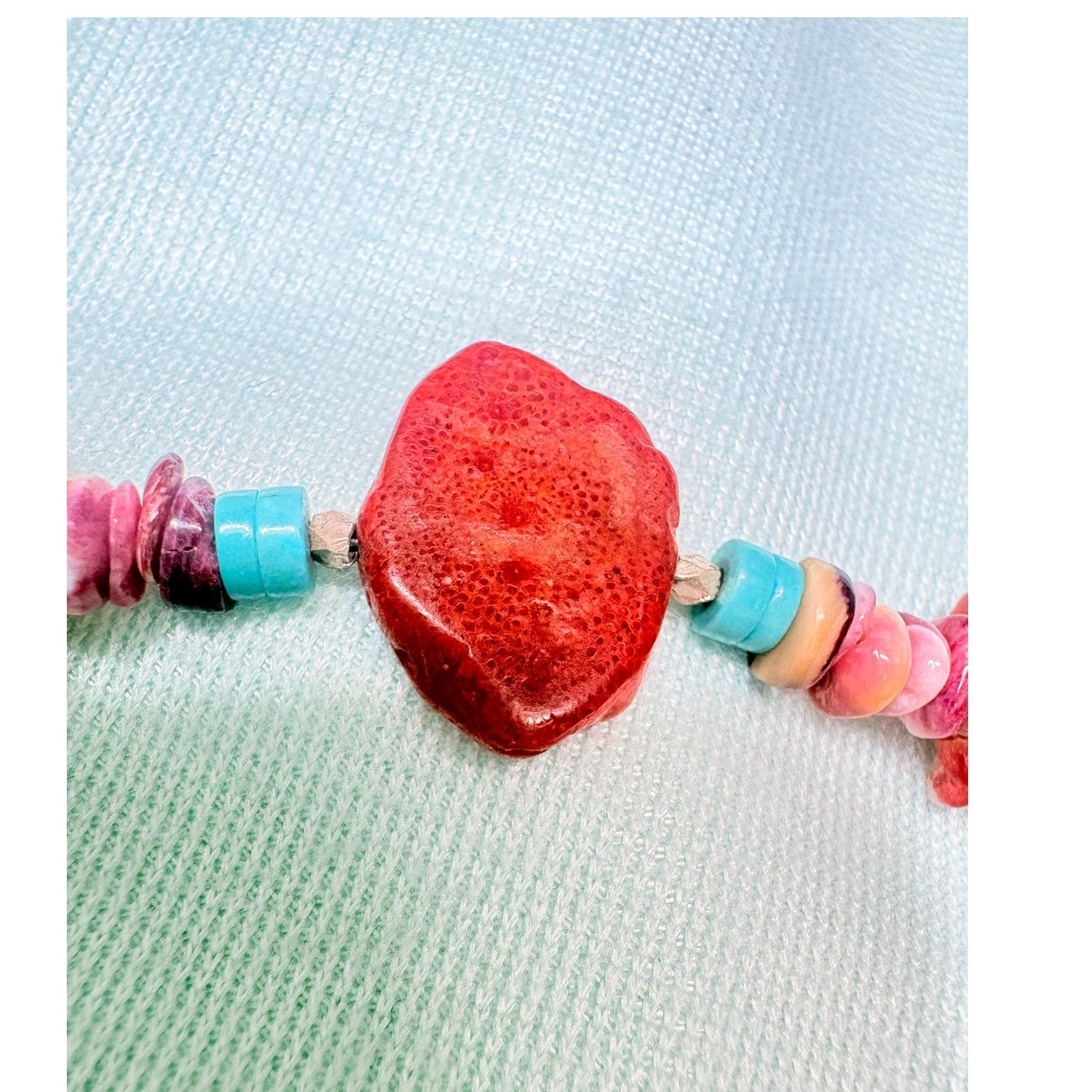 Turquoise & Sponge Coral Necklace, Double Strand, 925 Clasp, 1990s–2000s