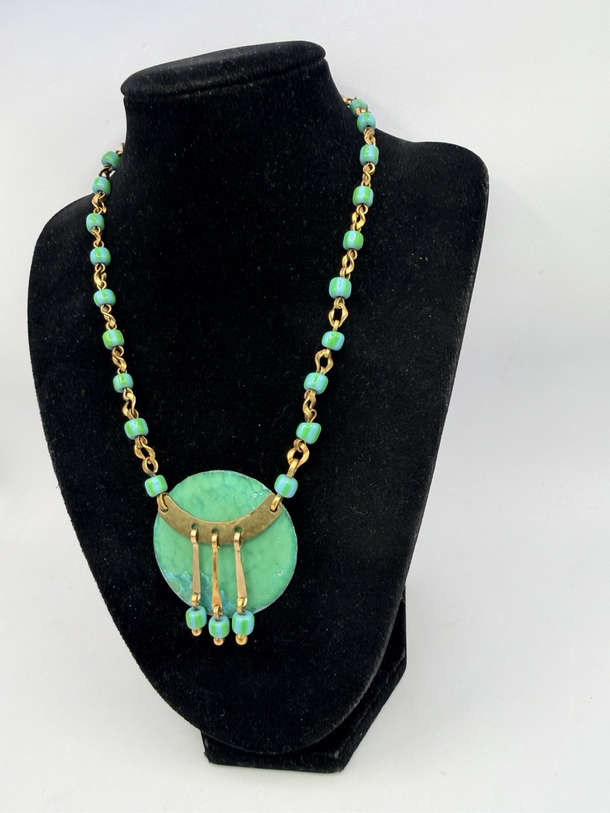 Vintage Oxidized Green OOAK Handmade Chain Statement Collar Necklace 15” DbG Z
