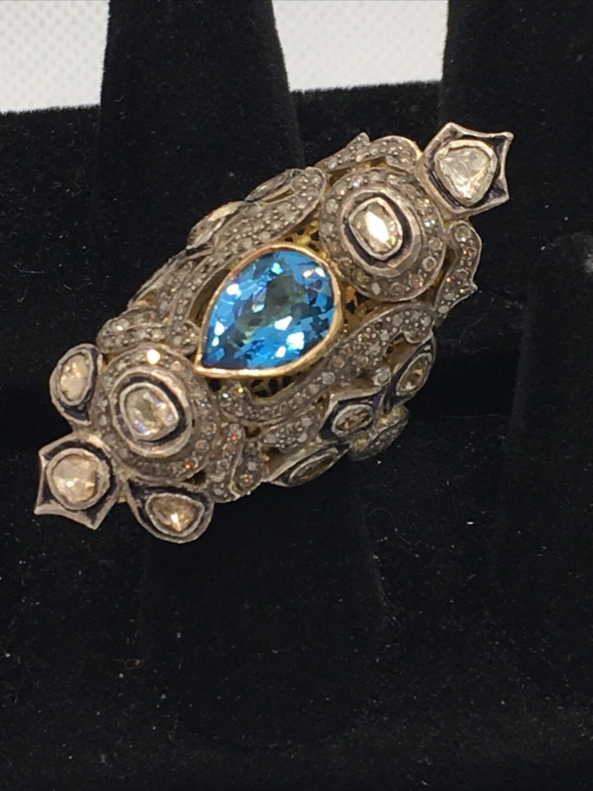 Vintage 14K Two Tone Gold 2.75TCW Diamonds & 3.40CTW Blue Topaz Ring 19.3gr.