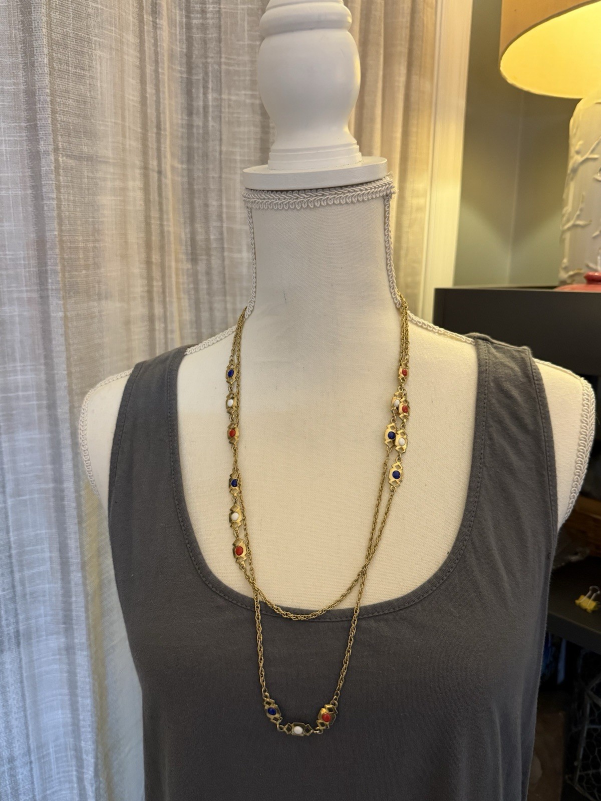 Vintage Red, White & Blue Gold Tone Station Necklace 56” Opera