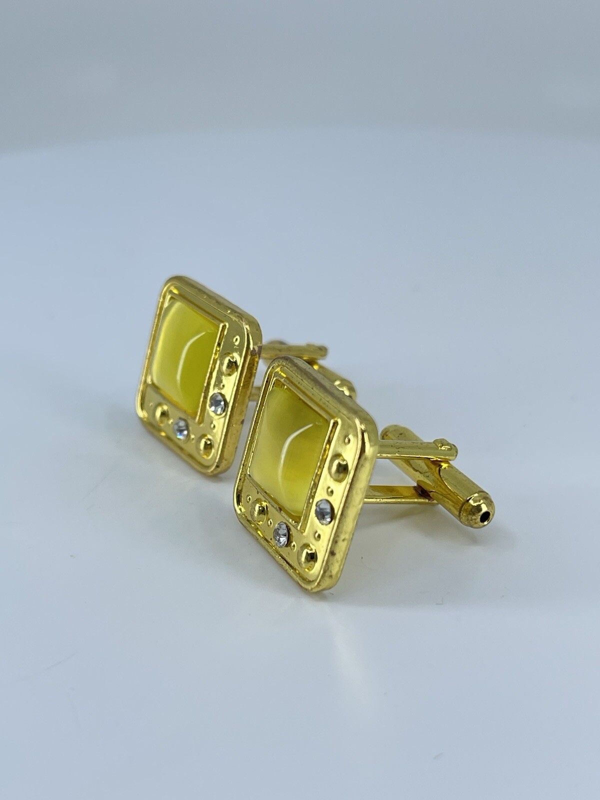 gold tone square yellow glass cufflinks white rhinestones accents bullet backs
