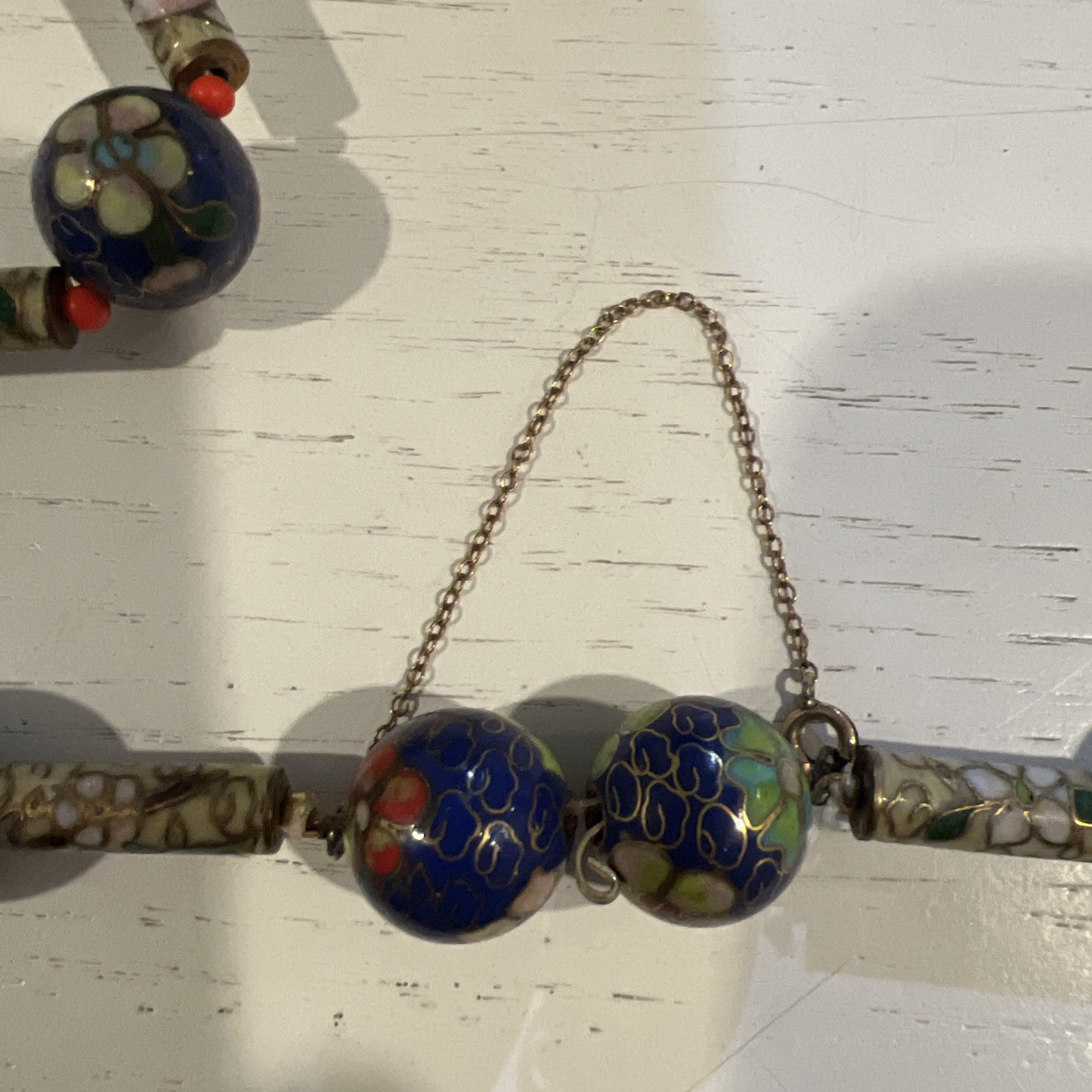 Vintage Cloisonne Chinese Cobalt Blue Floral Flower 25″ Beads Tubes Necklace