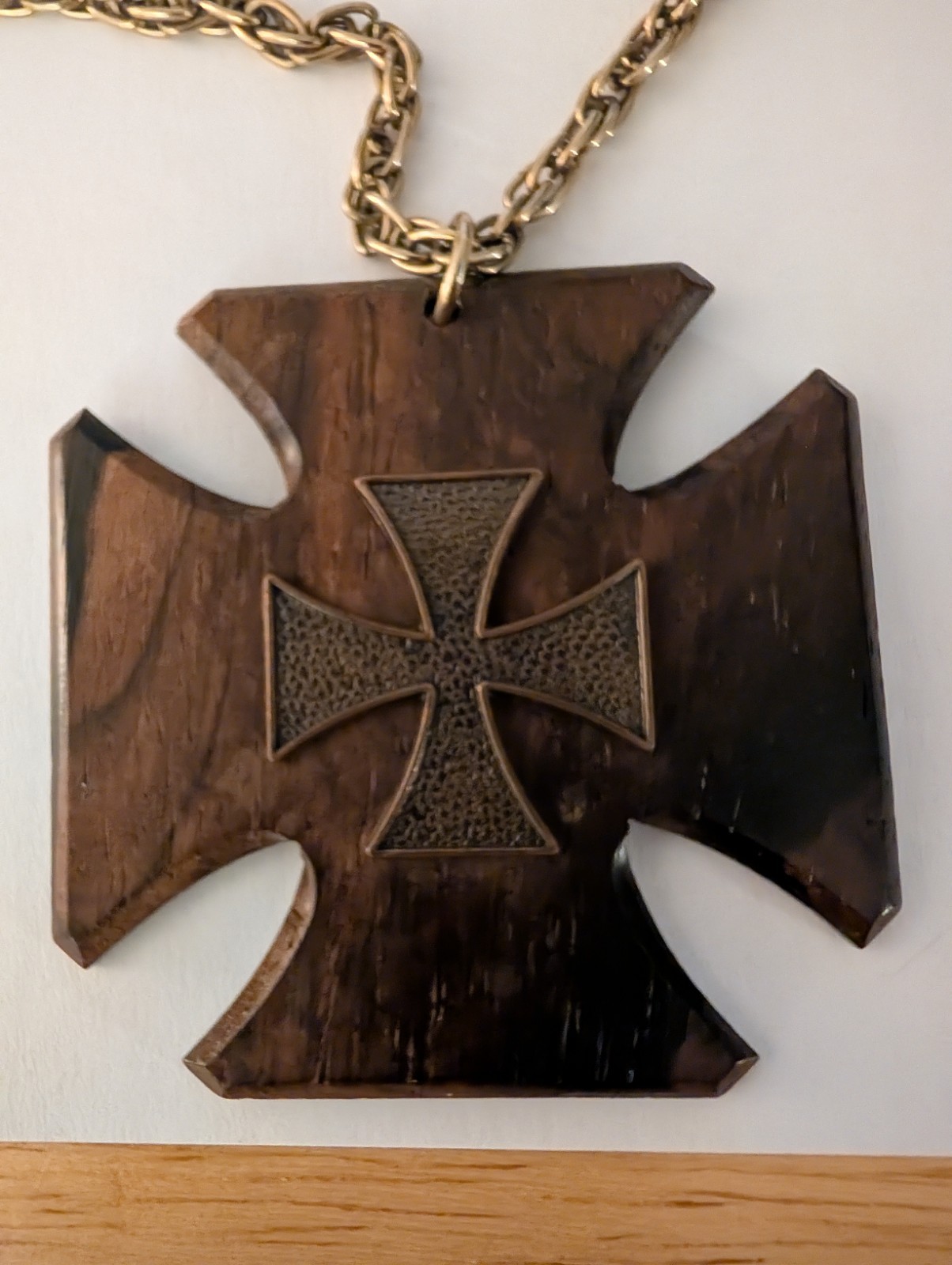 Vintage 1970s Wood Iron Cross Necklace Surfer Biker Large Pendant Brass Inlay…