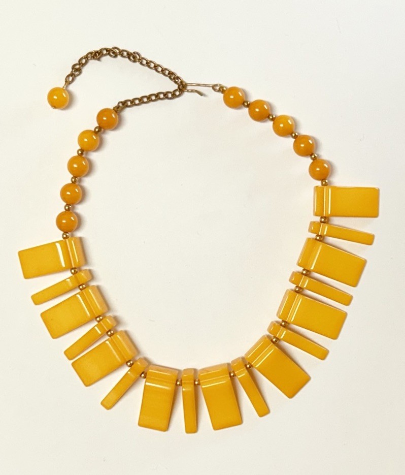 Vintage Butterscotch Yellow Bakelite Art Deco Geometric Panel Bib Necklace