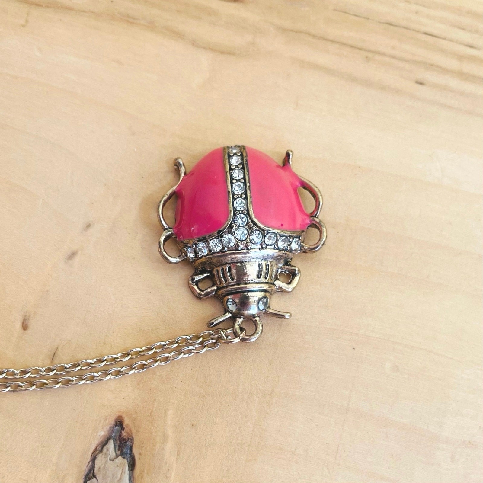 Scarab Beetle Pink-Coral Enamel Rhinestone Necklace Pendant Long Chain Charm