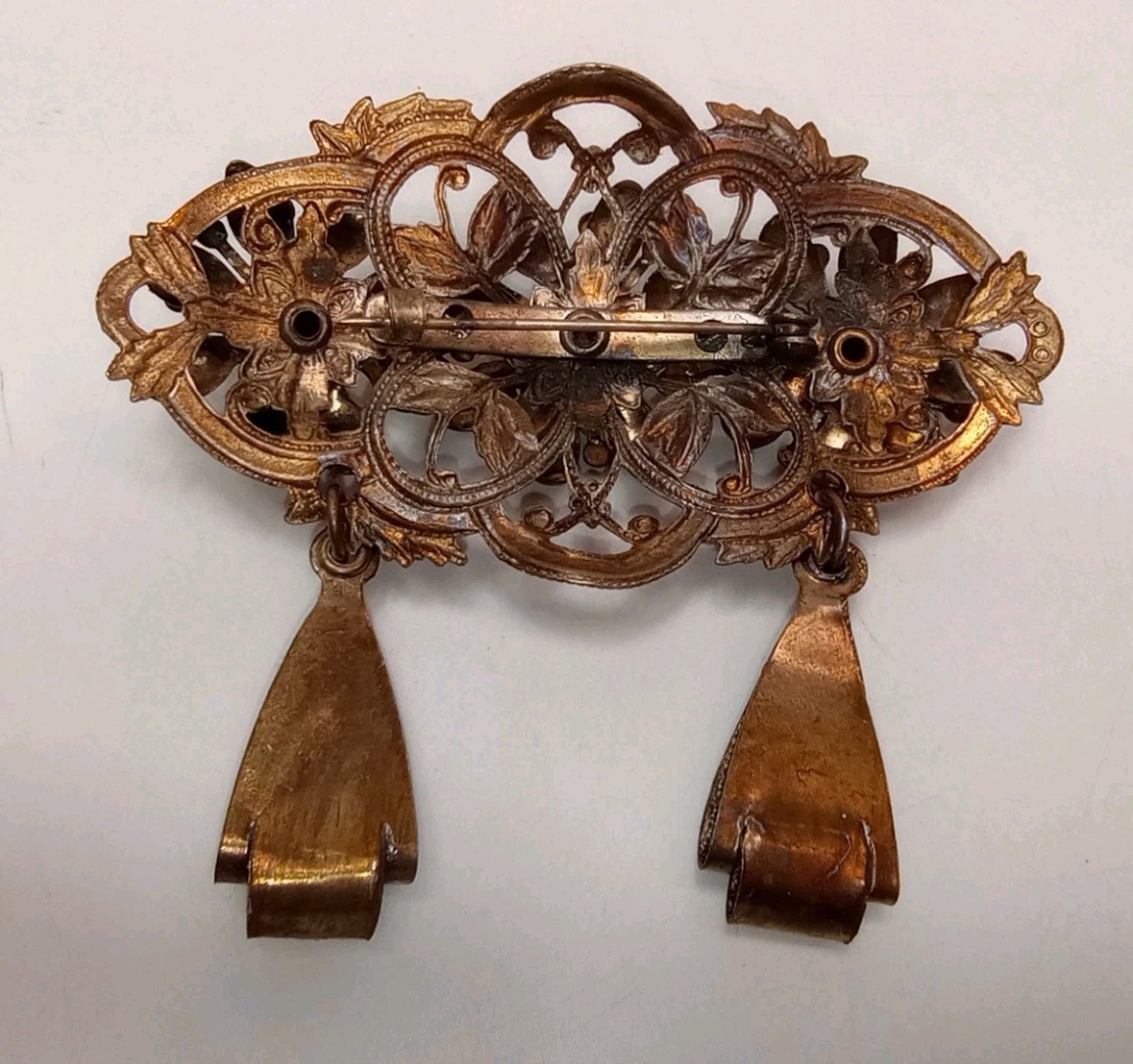 Victorian Floral Dangle Brooch Goldtone Deep Red Cabochons