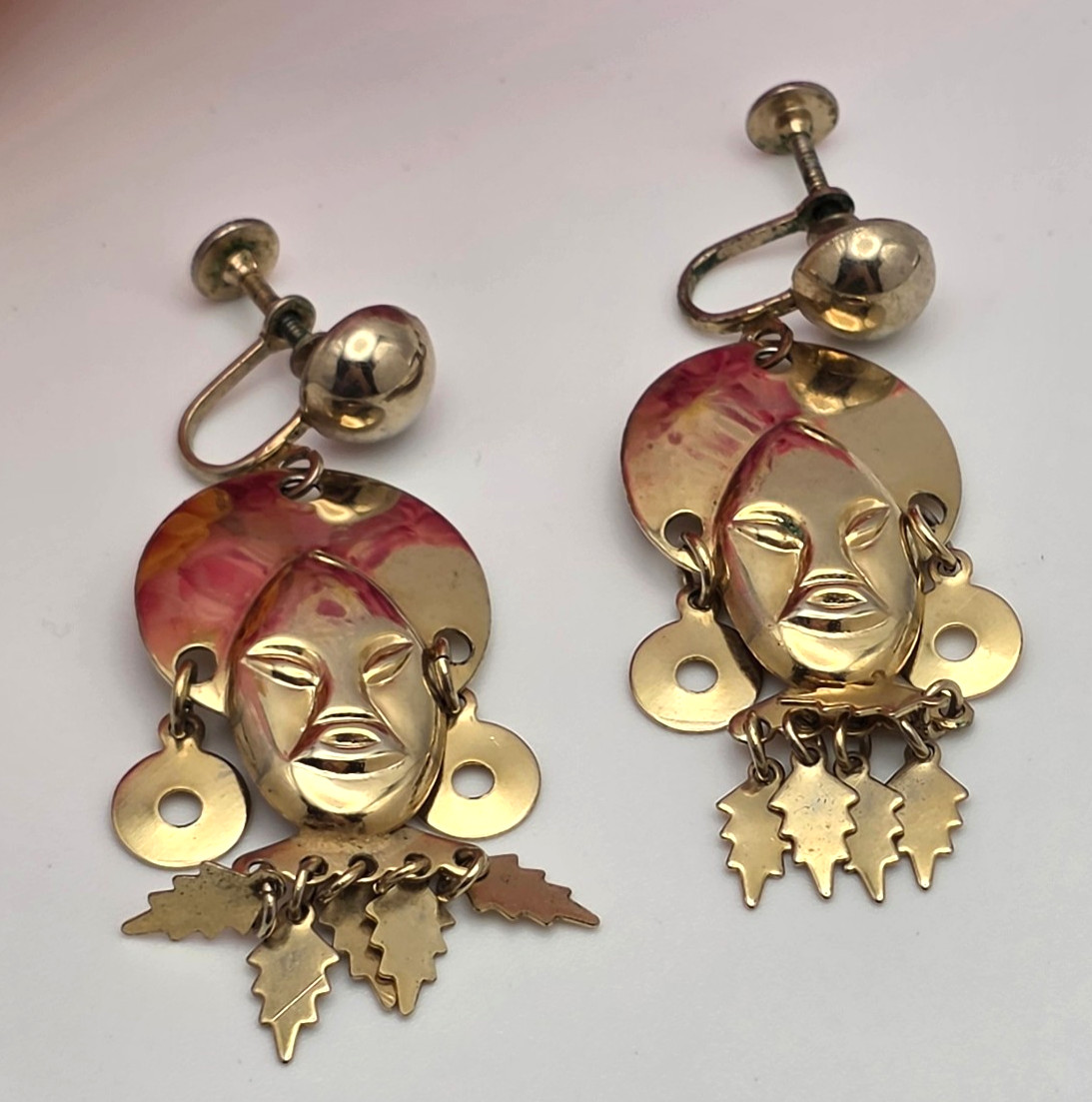 Vintage Gold Tone Tribal Mask Dangle Earrings Screw Back African Ethnic 2 In