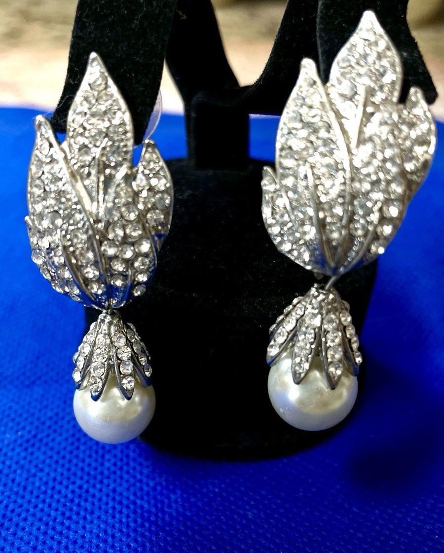 Prom Wedding Formal Earrings Fancy Drop Dangle w Faux Pearls Crystal Accents