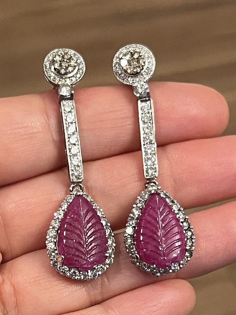 Large 14K Solid Gold Authentic Natural Ruby Diamond Leaf Earrings AGI Certified!