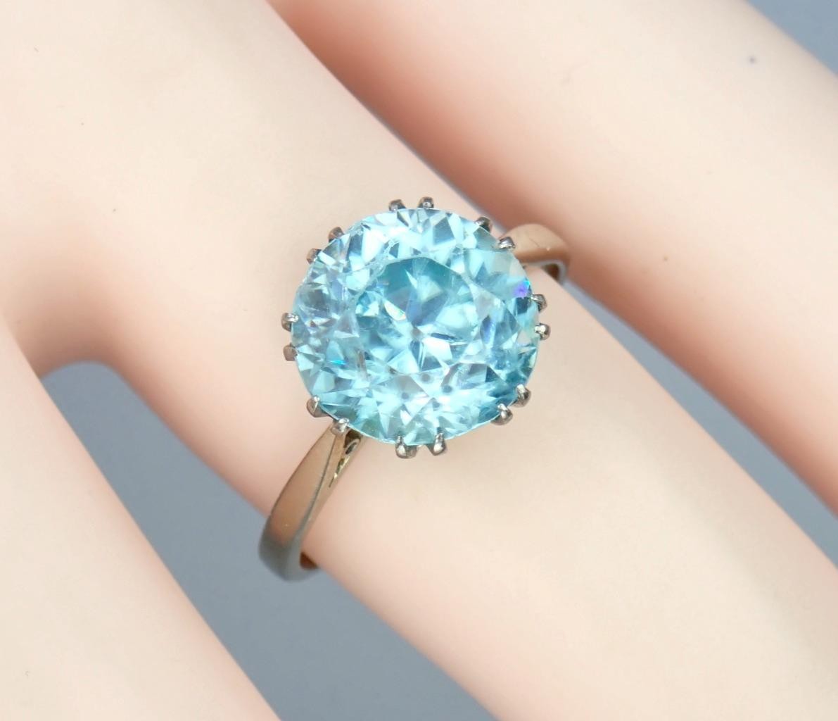 Antique Art Deco 18K Gold 5.4ct Old Cut Blue Zircon Solitaire Engagement Ring 6