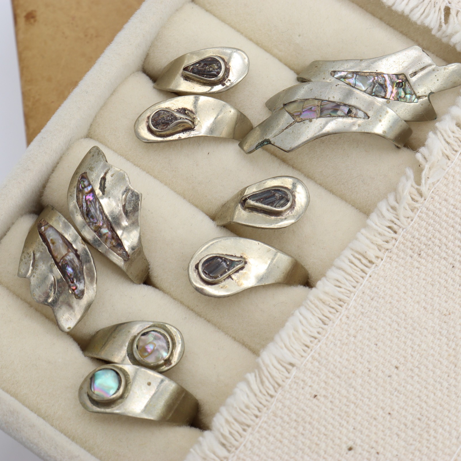 Vtg Mexico Alpaca Abalone Inlay Ring LOT 5 Wrap Shell Silver Metal Tone Mexican