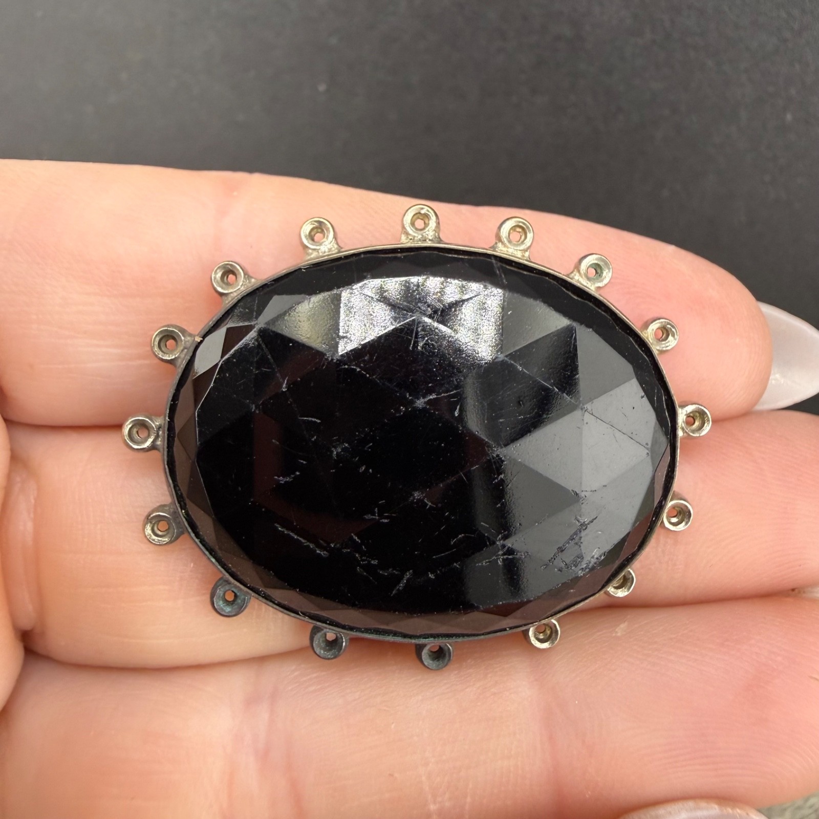 Vintage Rhinestone Brooch Black Silver Tone READ