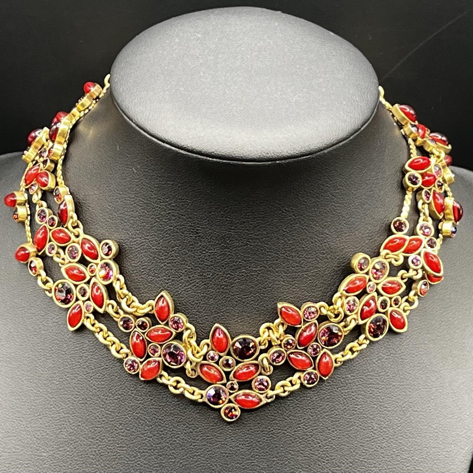 Pilgrim Danish Design Red Gold Tone W Purple Rhinestones Floral Choker Necklace
