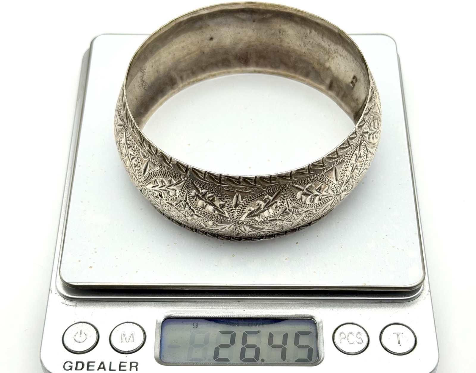 Vintage North African Sterling Silver Wide Engaved Tribal Bangle Bracelet 26.45g