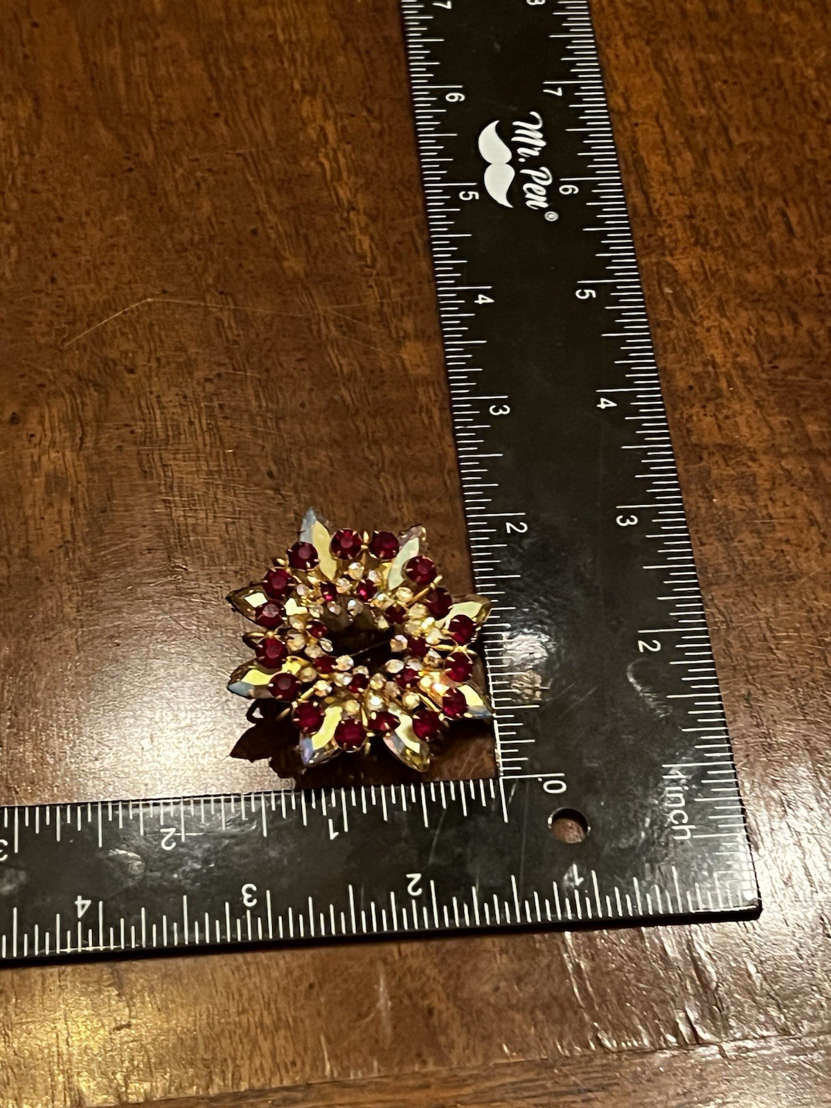 Vintage Austrian Red & Clear AB Rhinestone Floral Wreath Brooch Gold Tone Nice!