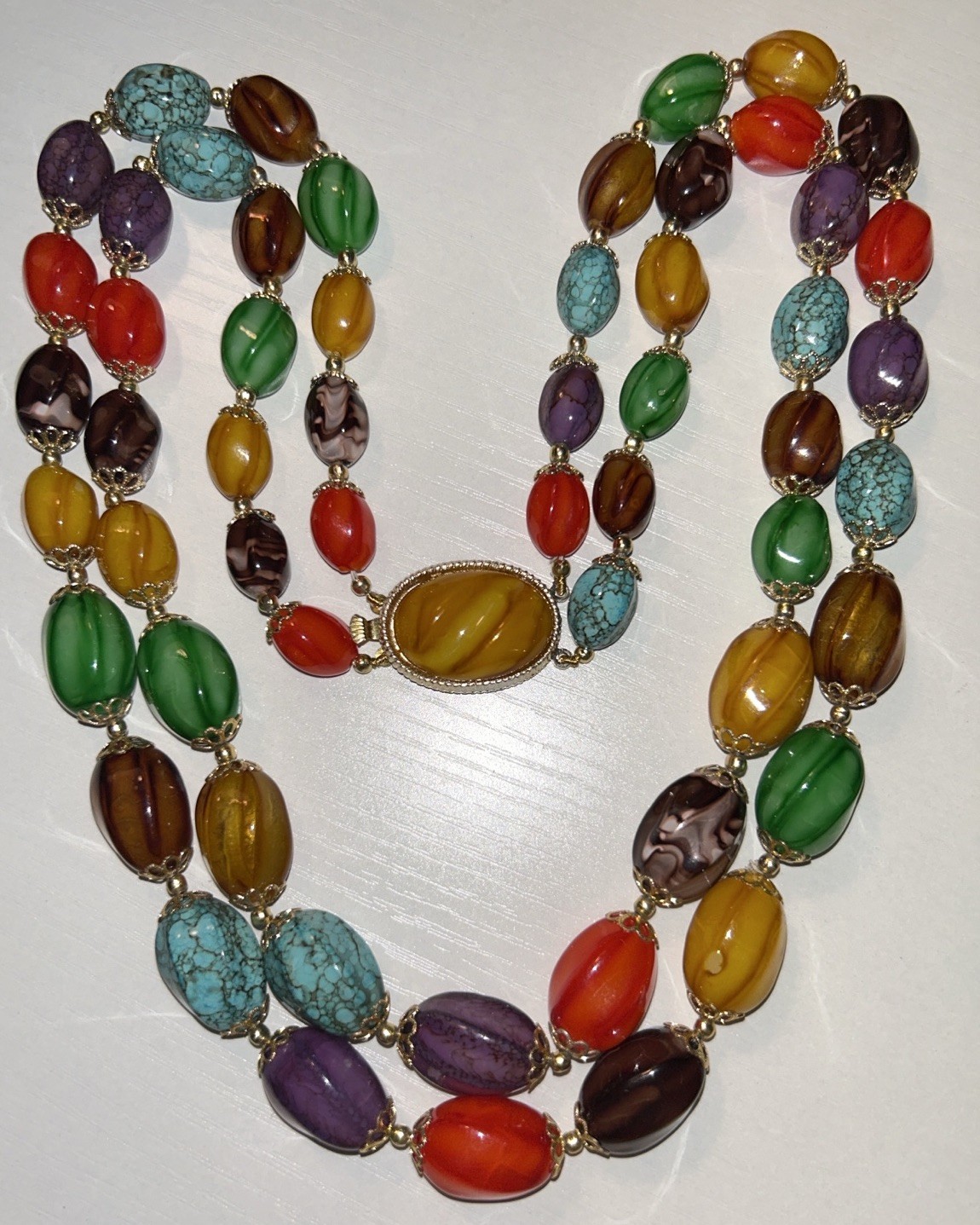 Vintage Hong Kong Multicolor Art Glass Bead Necklace Boho Statement 23” 80g 1960