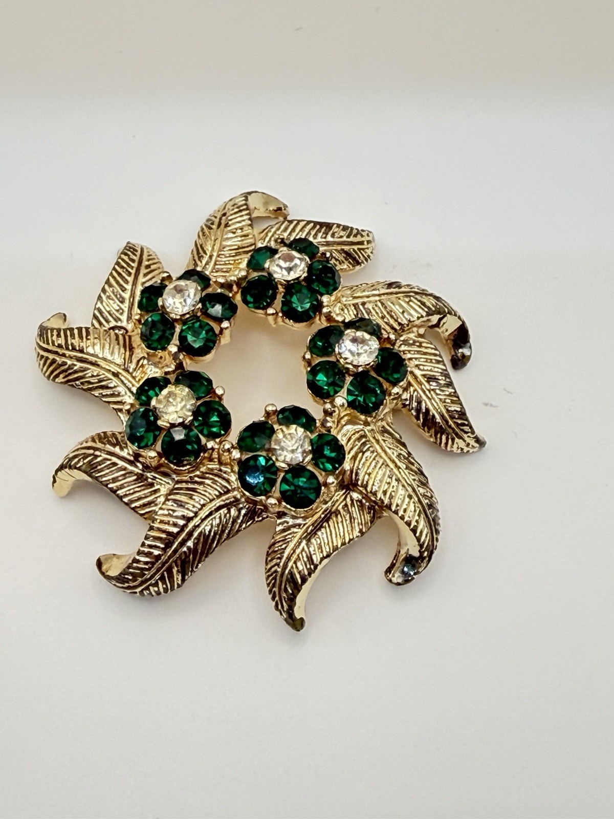 Vintage Rhinestone Brooch & Earrings Green Crystal Floral Gold Tone Demi-Parure