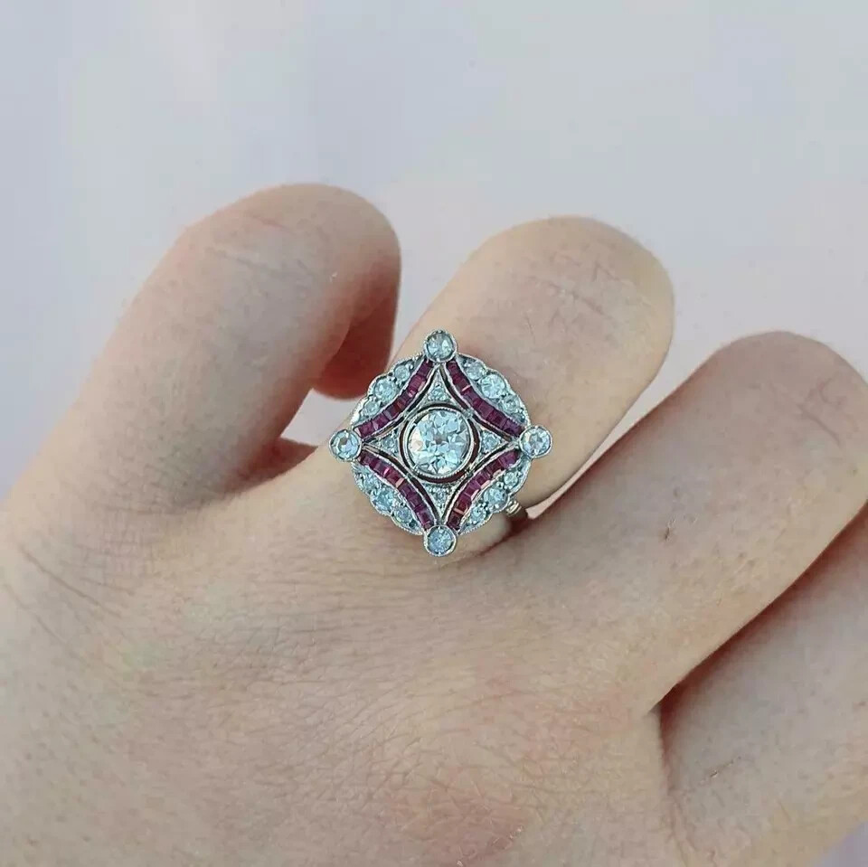 Art Deco Vintage Round Lab Created Diamond & Ruby 14K White Gold FN Wedding Ring