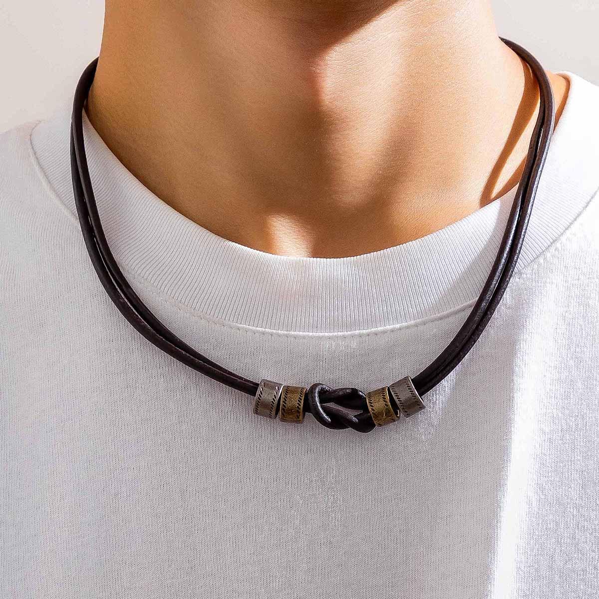 Vintage PU Leather Choker Necklace for Men with Metal Beads Trendy 2025 Jewelry