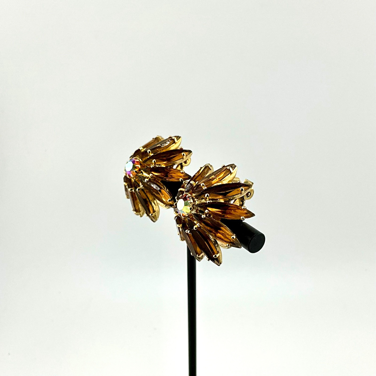 Vintage Mid Century Juliana Clip-On Earrings Navette Domed Amber AB Crystal