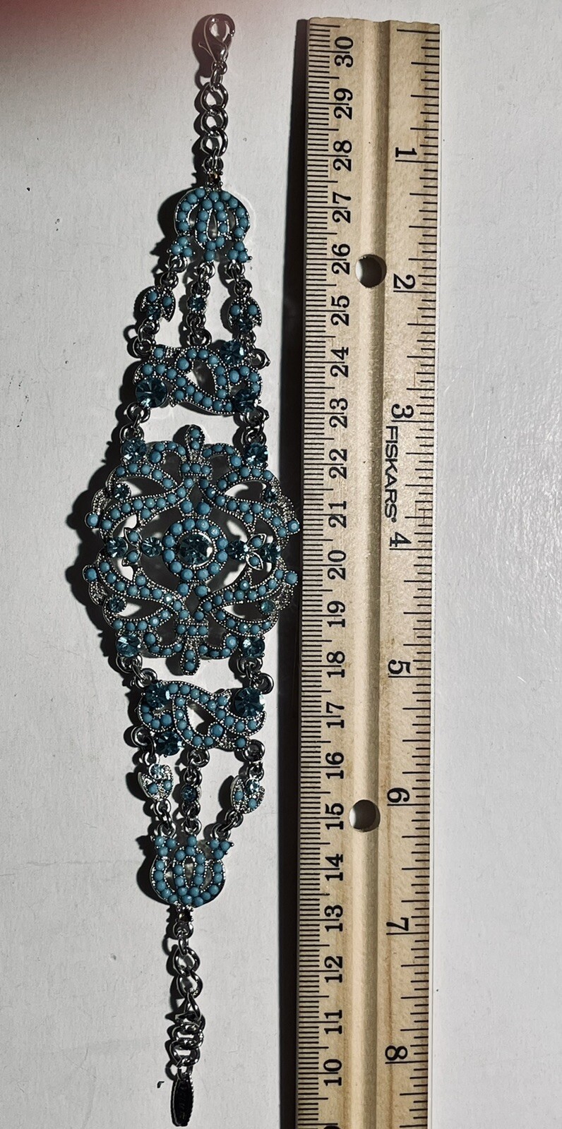 VCLM Victorian Filigree Silver Turquoise Crystal Wide Statement Bracelet