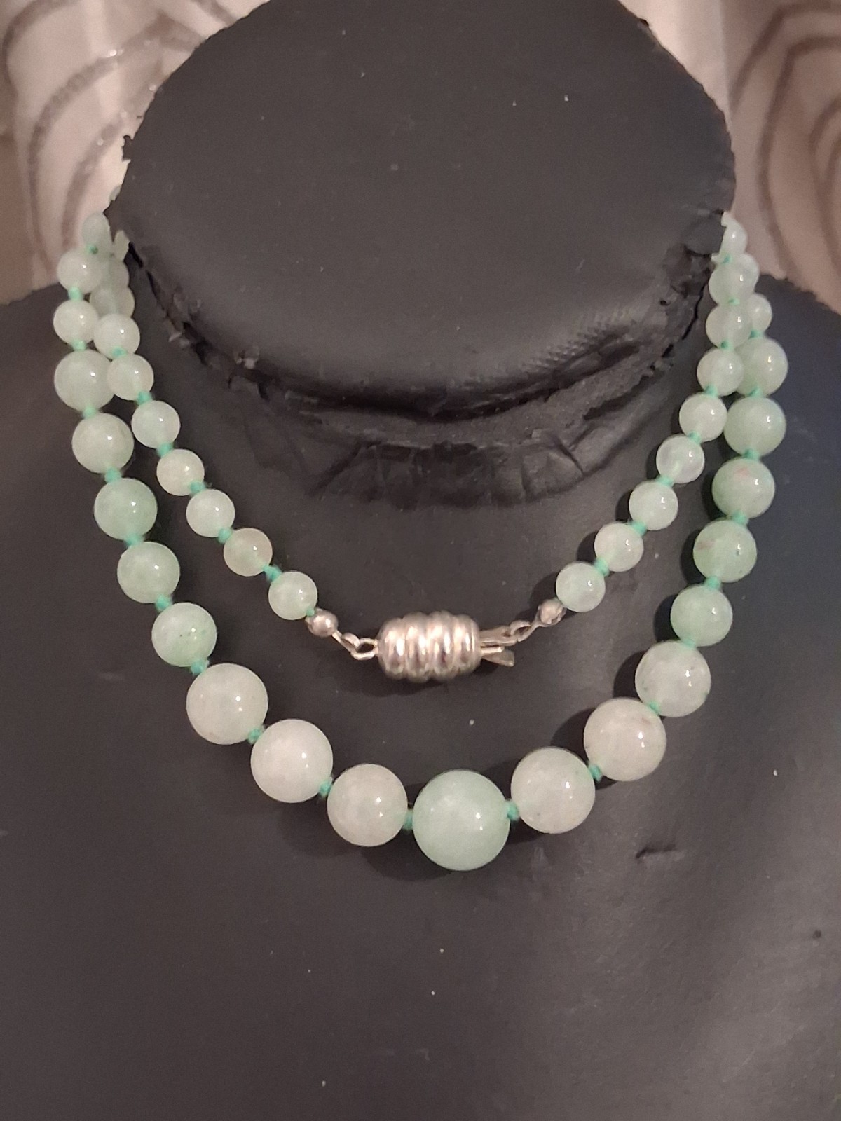Jade/aventurine icy green gemstone graduated necklace, individually knotted