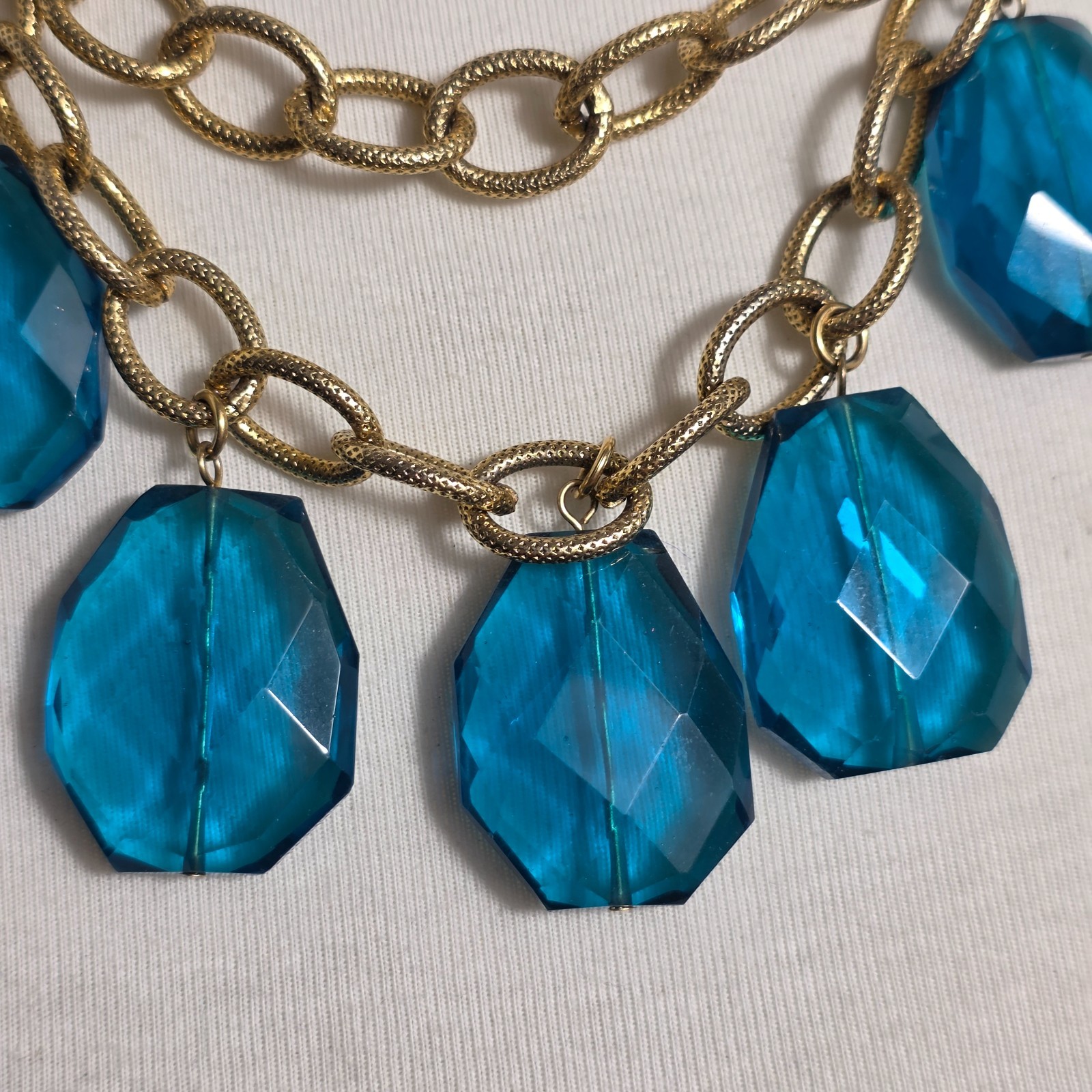Unbranded Statement Necklace Gold Tone Snake Style Link Chain & Blue Glass Beads