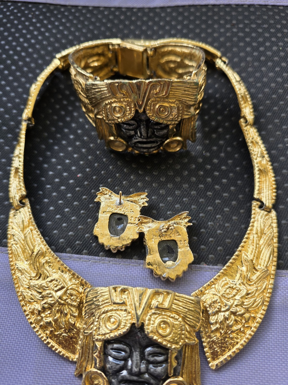Salvador Teran for Marbel Mexico Necklace Set Aztec Maya 22k Plated Pre Owned #7