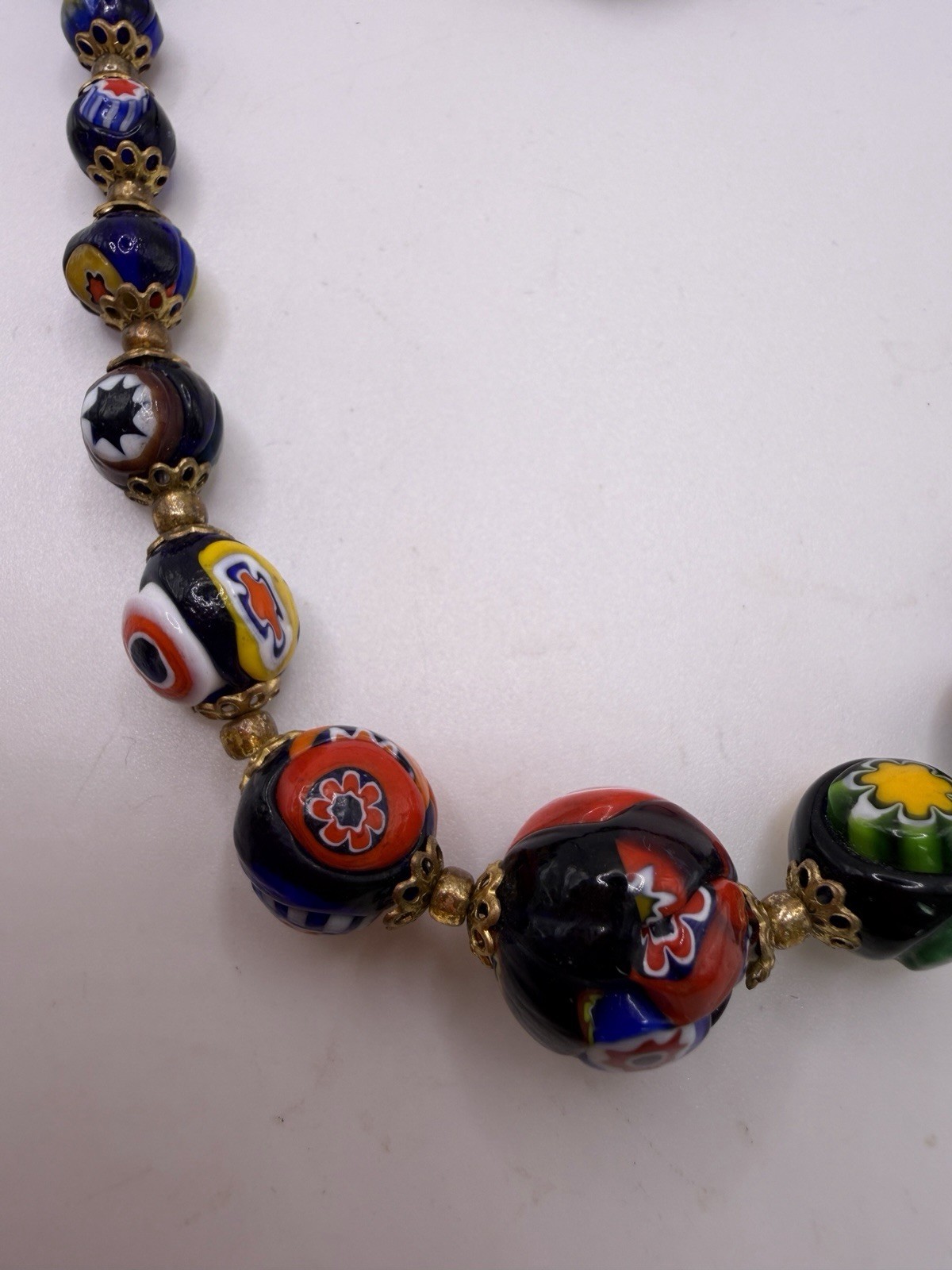 Vtg Italy Venetian Murano Millefiori Knotted Graduated Glass Bead Necklace 25 In