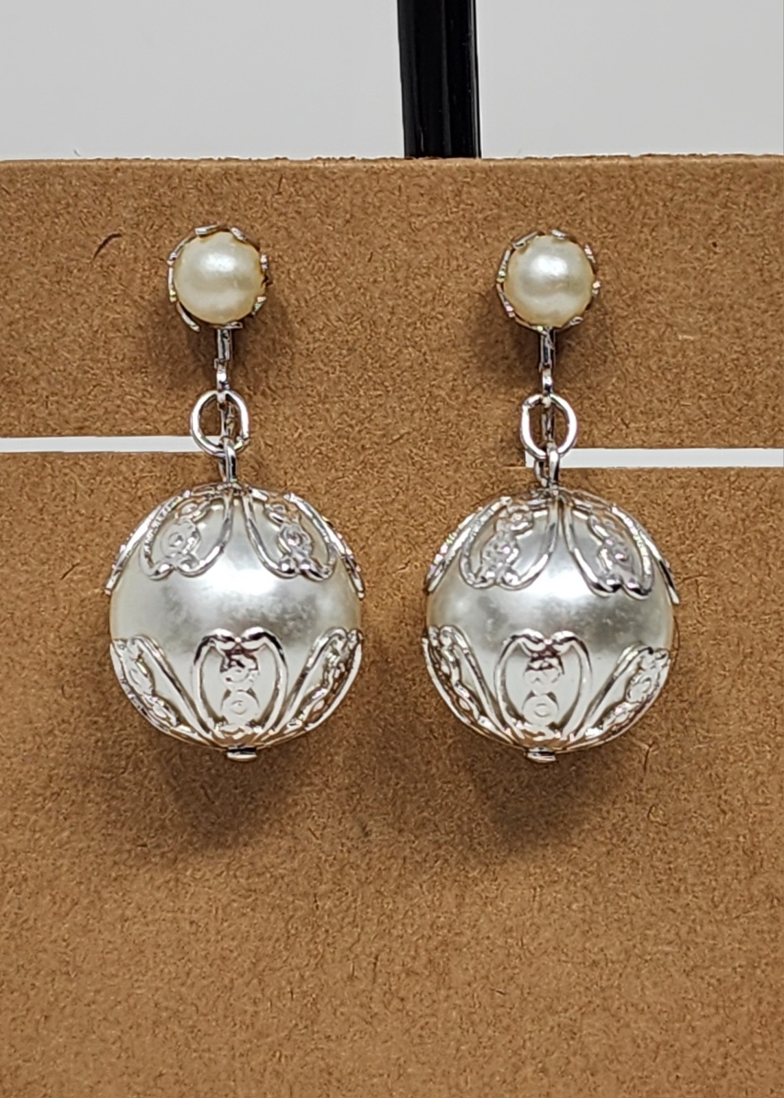 Vintage Sarah Coventry Chain Ability Earrings Faux Pearl Filigree Dangle Clip On
