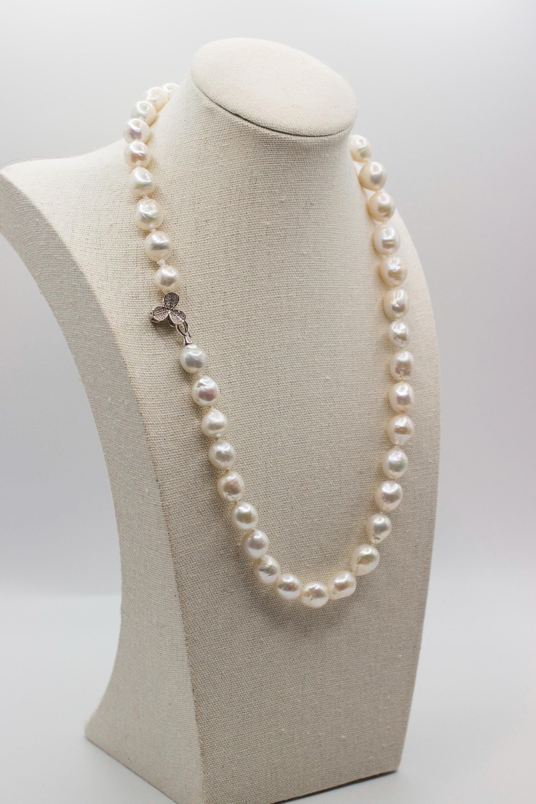 21” White Baroque Edison Pearl Necklace Kasumi Style Sterling Silver CZ Clasp