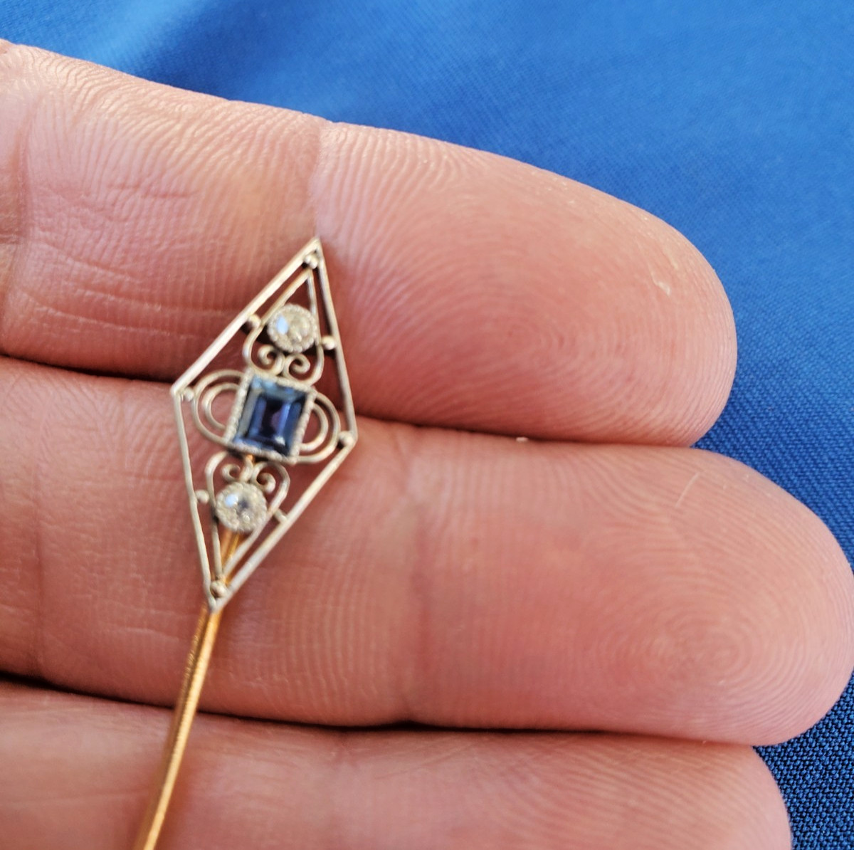 Original EARTH MINED Diamond Deco Pin 1920s Vintage Platinum Sapphire 14K GOLD