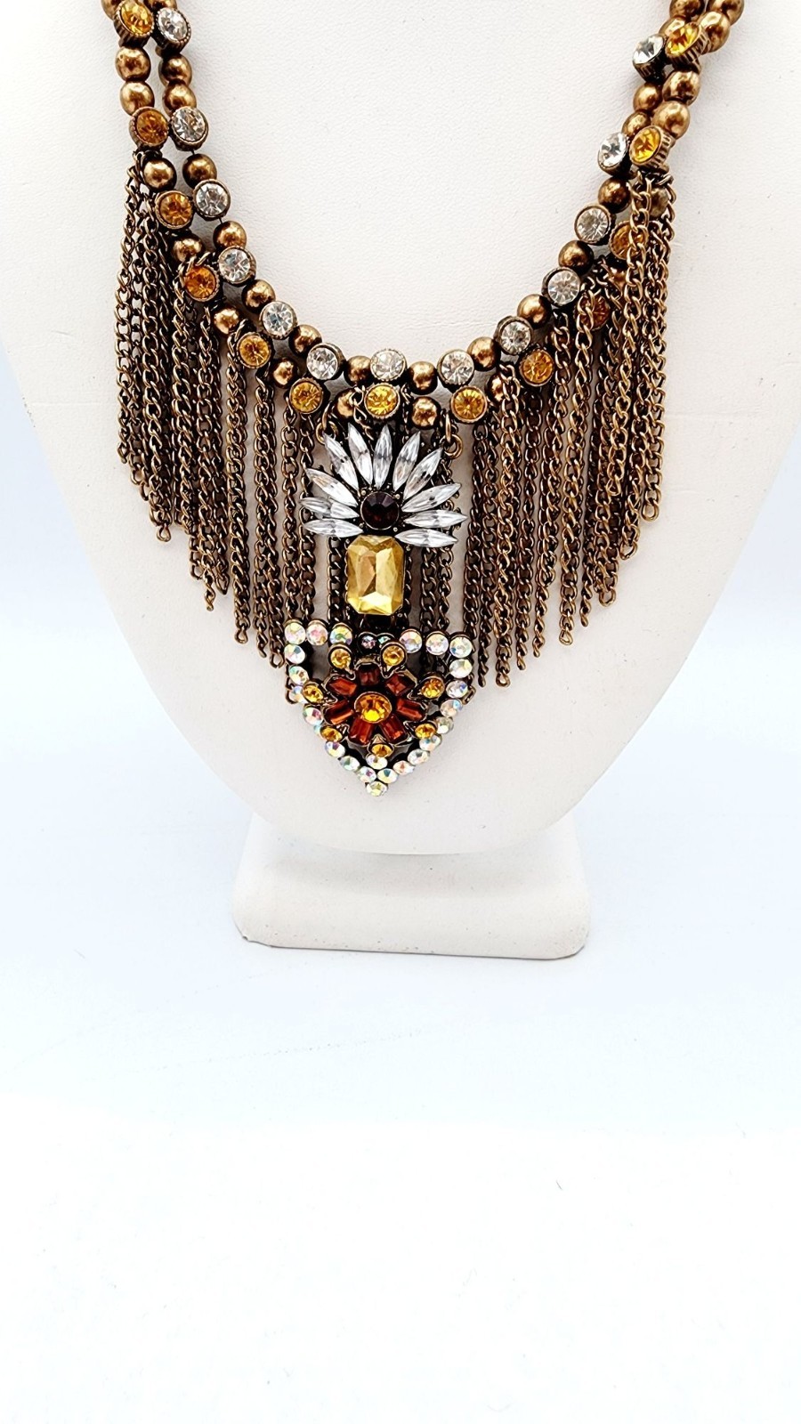 Signed Beaded chain rhinestone bib statement necklace 18″