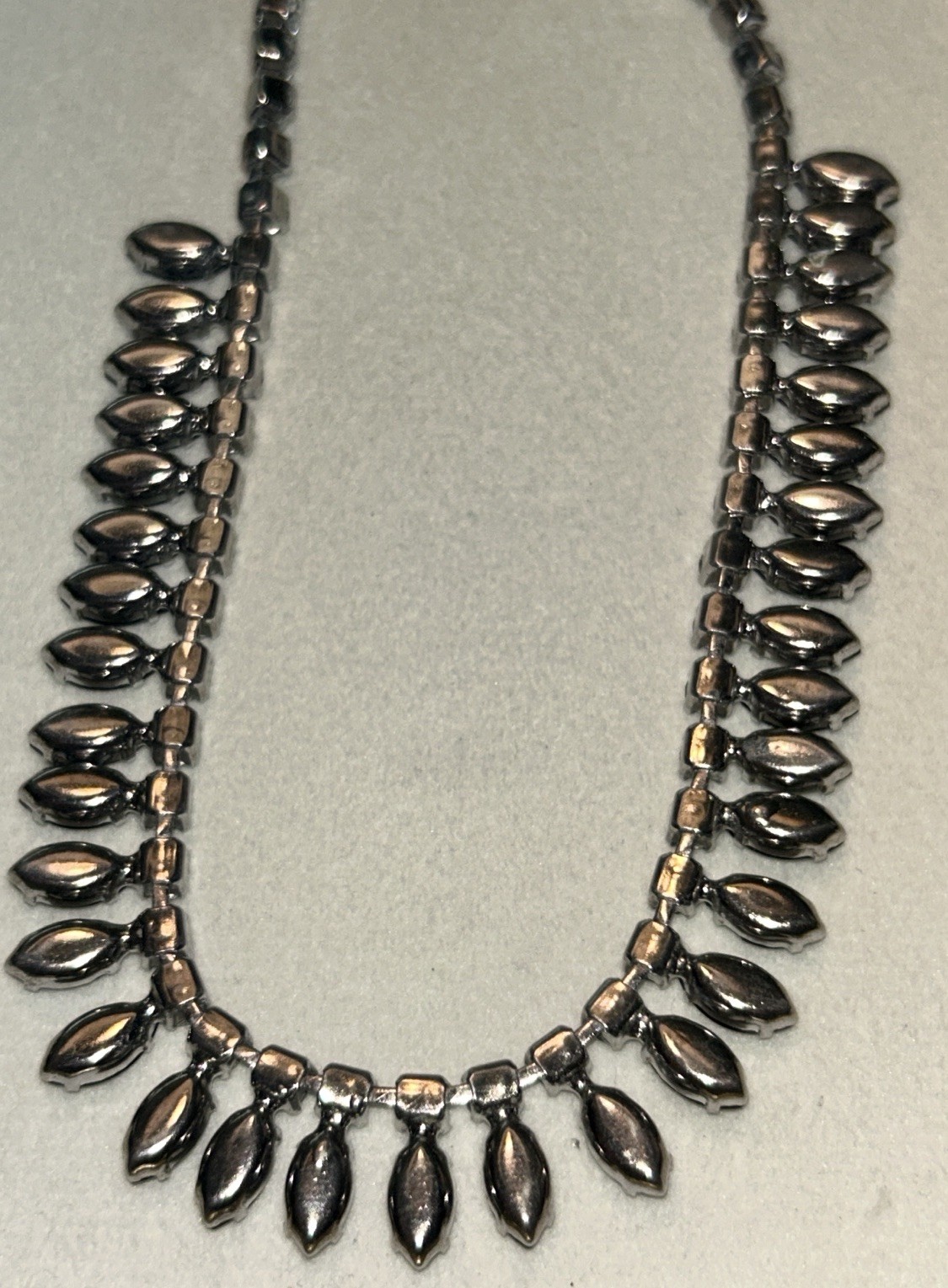 Joseph Warner Signed Black Glass Rhinestone Bib Necklace Vintage Mid Century 15”