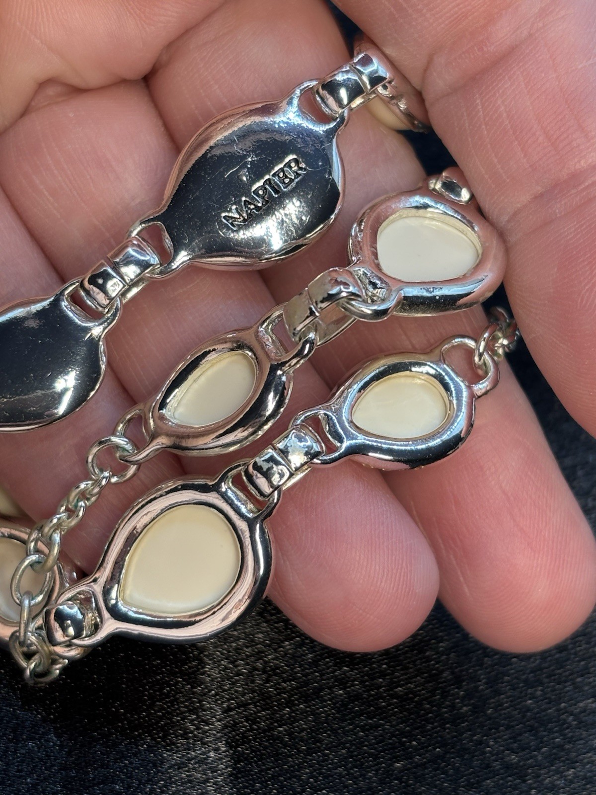 Vintage Napier Link Necklace Bracelet Cream Silver Tone
