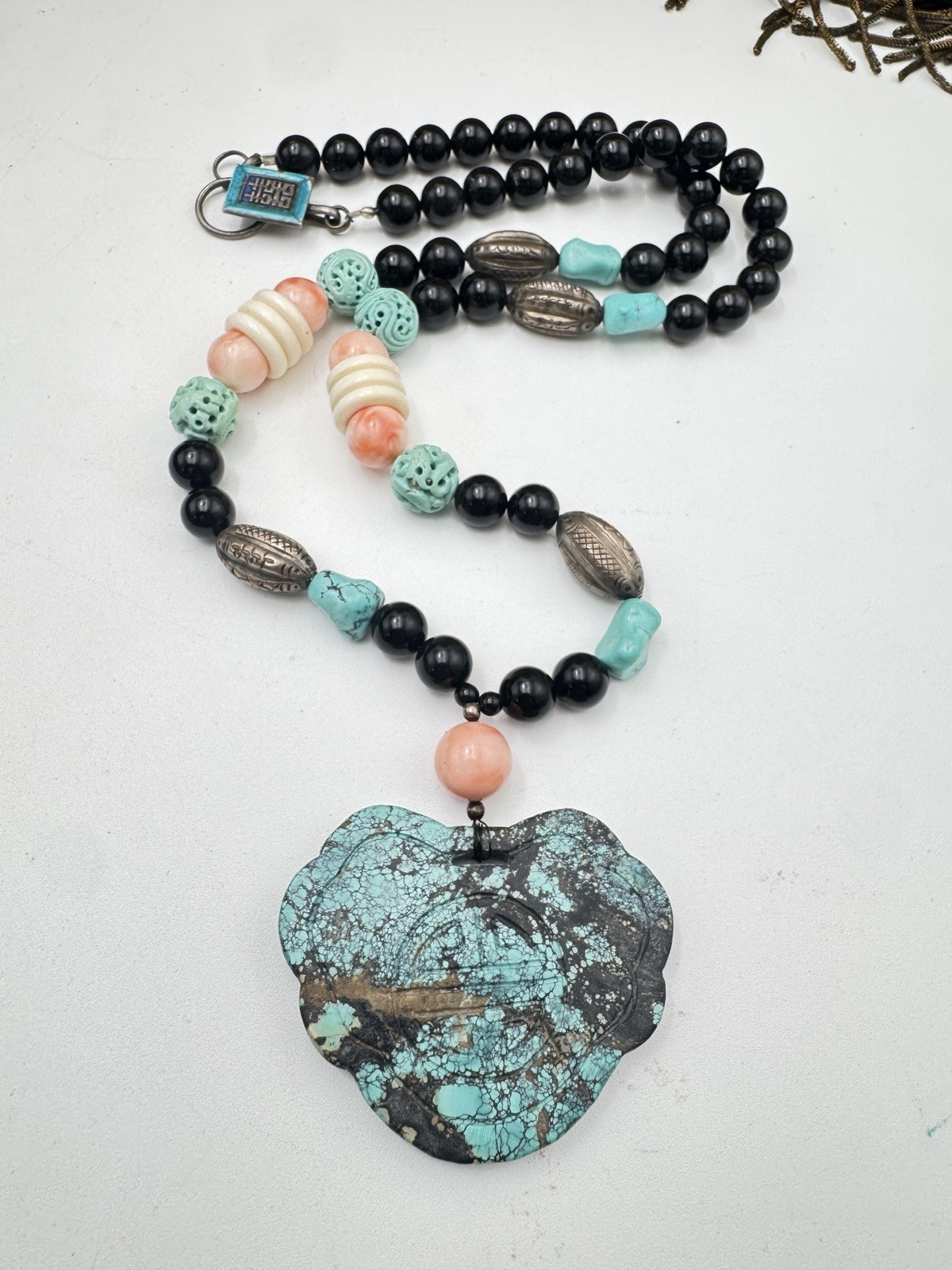 Large Chinese Longevity Pendant Necklace Coral Onyx Double Happiness 144g