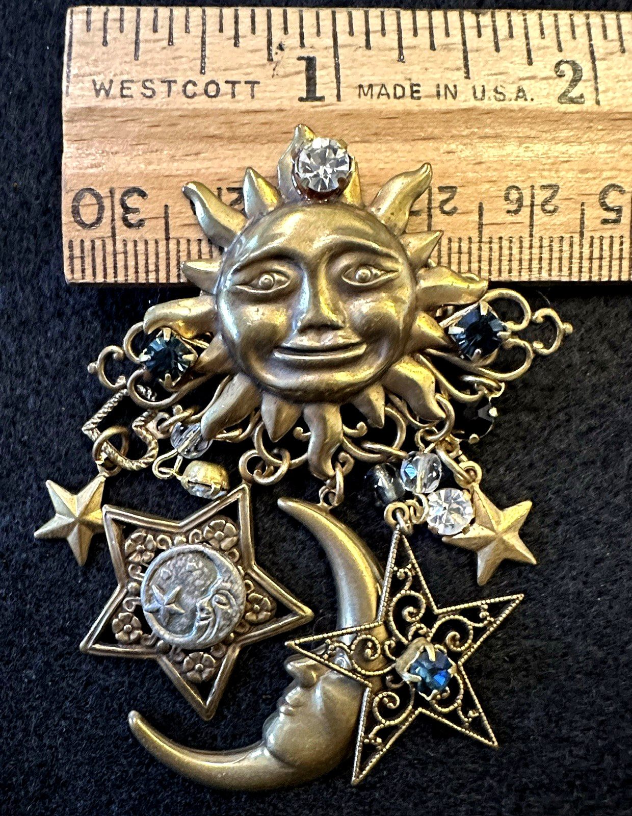 Celestial Sun Moon & Stars Brooch With Crystals – Antique Brass-tone