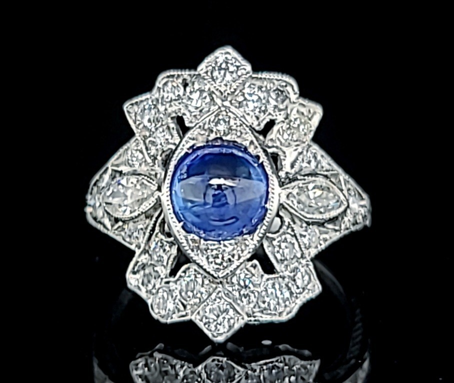 Vintage Platinum Ring 1.23CT. Natural Blue Sapphire cabochon round circ 1930’s