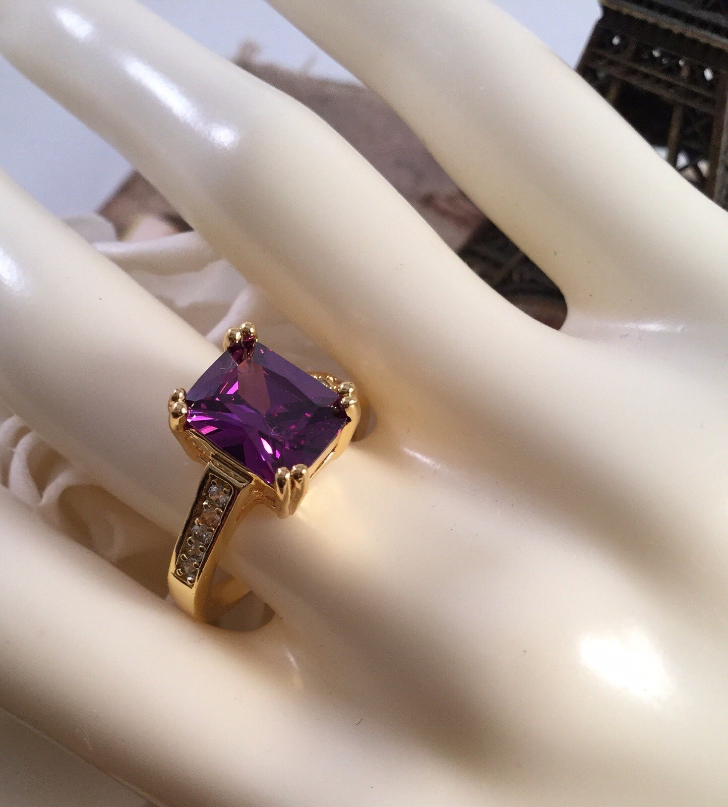 Vintage Jewellery Gold Ring Amethyst White Sapphires Antique Deco Jewelry size 8