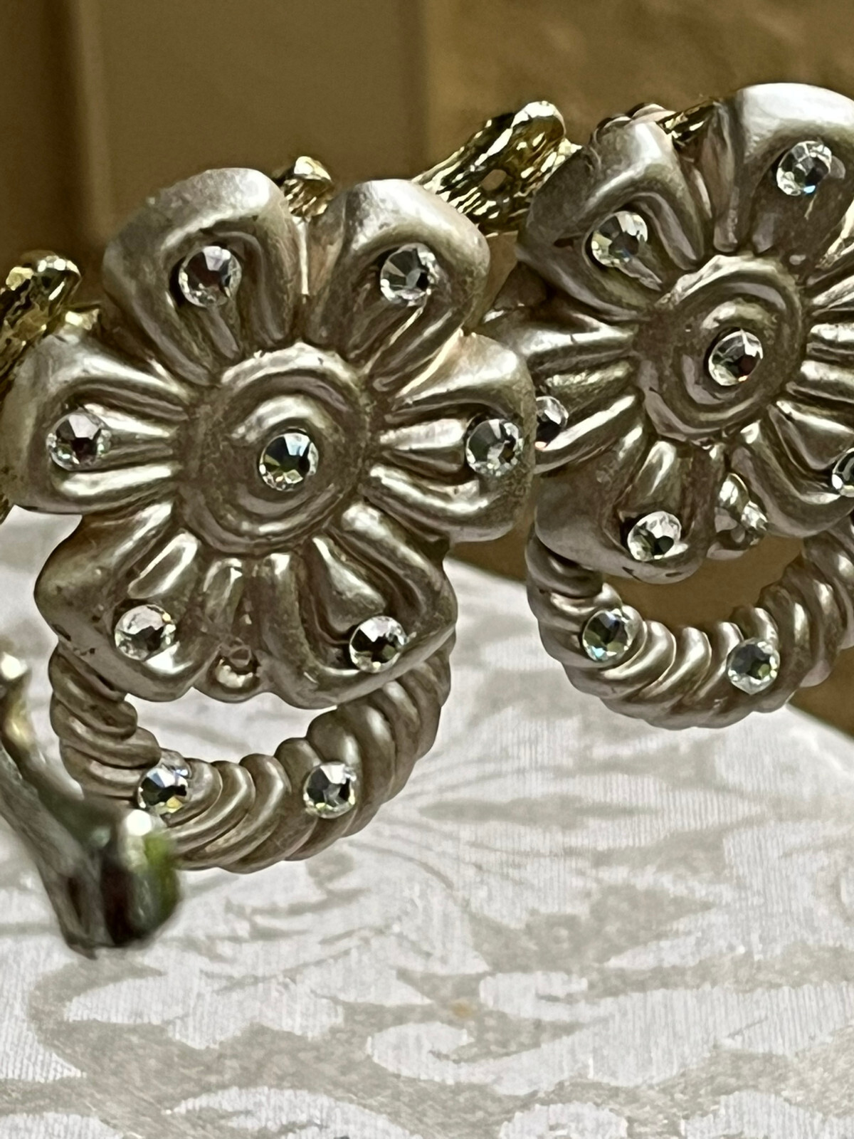 Jeff Lieb Floral Earrings Door Knockers Removable Ring Dangle Clip On Rhinestone