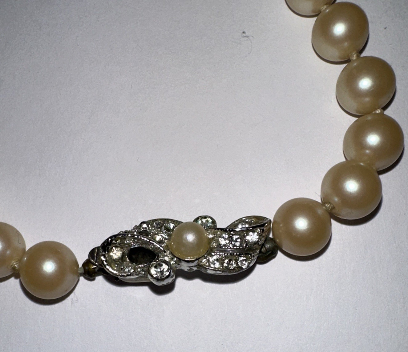 Faux Pearl Necklace Hand Knotted Cream Pearls 32″ Silver Tone & Diamanté Clasp