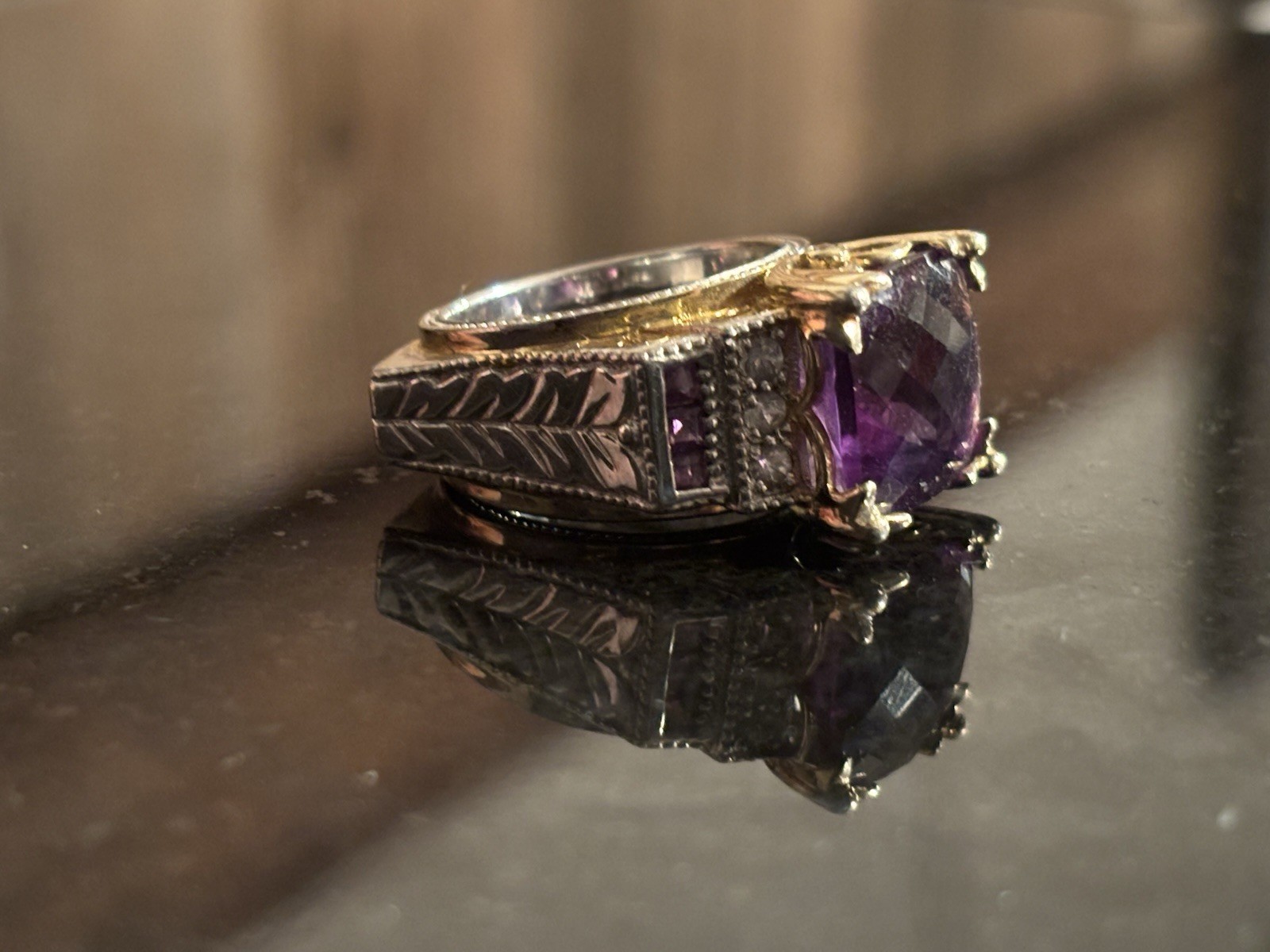 Vintage Chunky Square Two-tone 925 Sterling Silver Amethyst Cocktail Ring sz 6.5