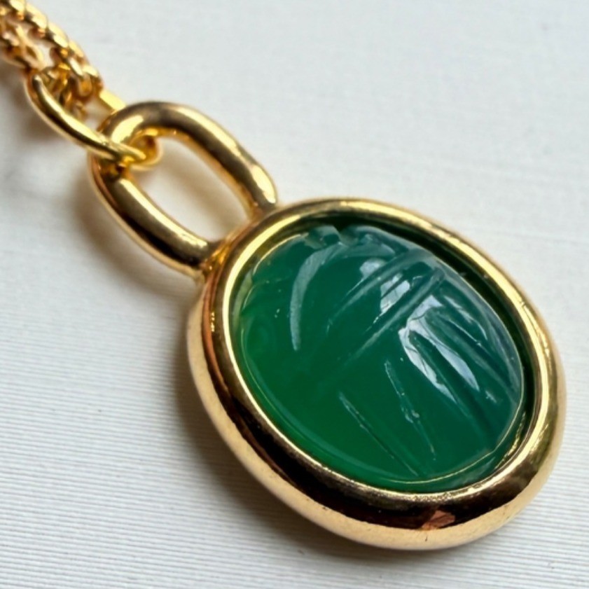 Vintage Green Gold Scarab Necklace Genuine Stone Pendant 1970s
